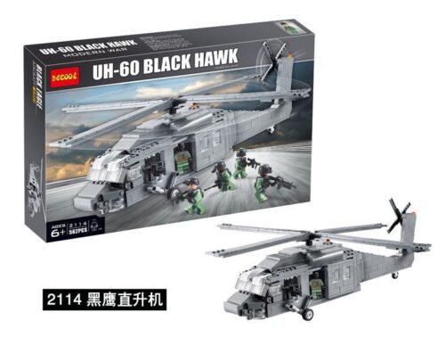 Hộp sản phẩm bộ lắp ráp Trực thăng Black Hawk Decool 2114, đồ chơi mô hình quân sự cho bé trai 6 tuổi giá rẻ.