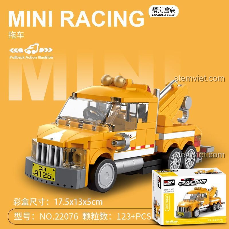 Đồ chơi mô hình Decool 22076 Xe Cứu Hộ Kéo Lùi, hộp sản phẩm và tính năng động cơ kéo lùi, phù hợp bé trai
