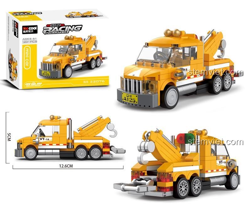 Xe cứu hộ Decool 22076 với kích thước mô hình 12.6cm, bộ xếp hình 142 mảnh, thể hiện tính năng kéo lùi