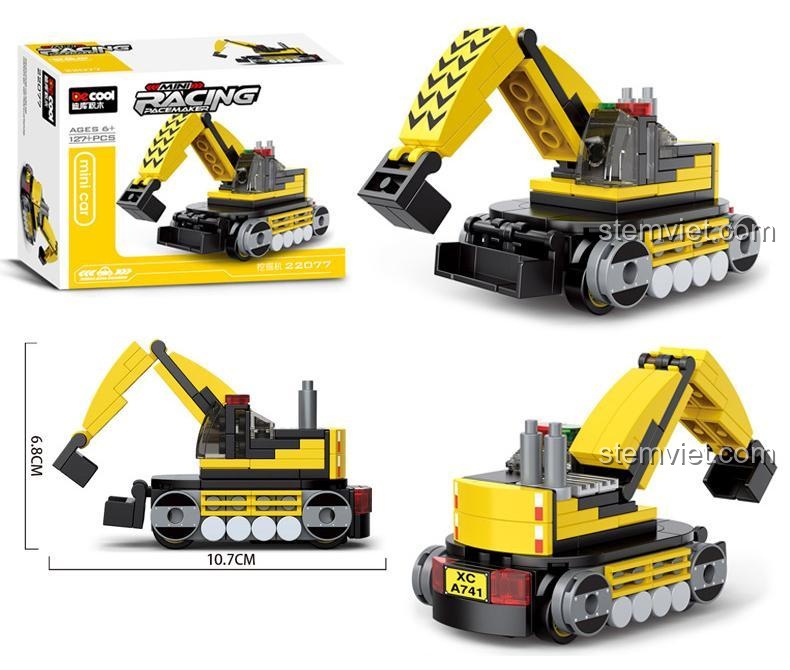Kích thước hộp và mô hình máy xúc Decool 22077, bộ lắp ghép 127 mảnh, đồ chơi mô hình xe công trình giá rẻ.