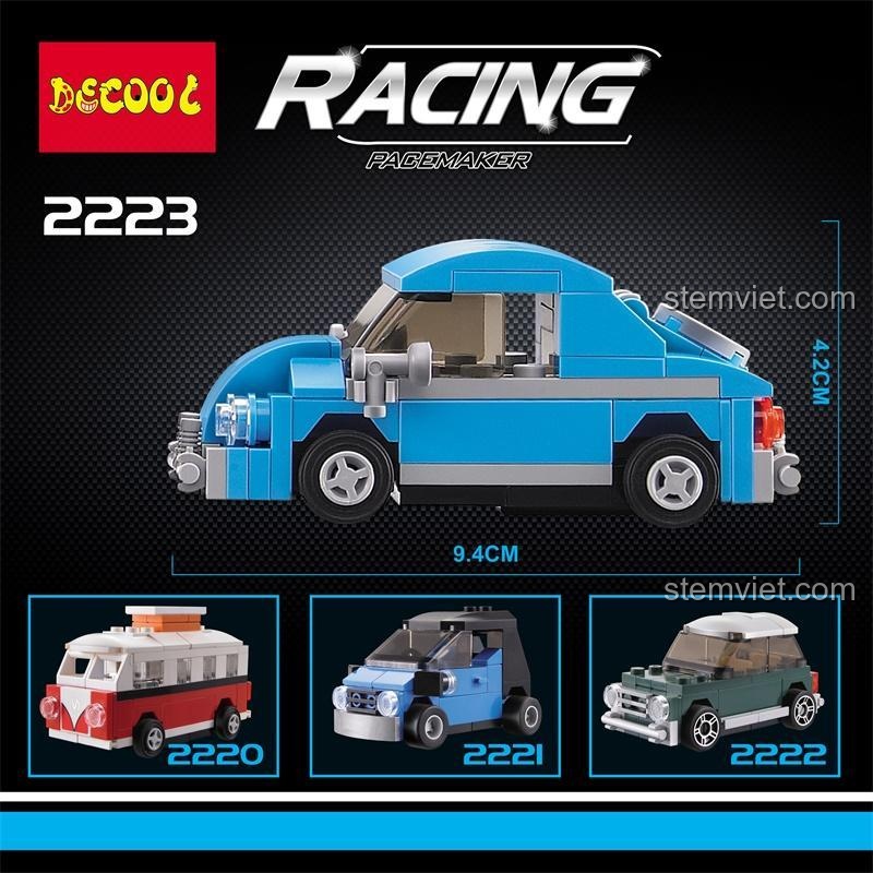 Kích thước chi tiết của bộ xếp hình Decool 2223 Xe Volkswagen Beetle, dài 9.4cm, cao 4.2cm.