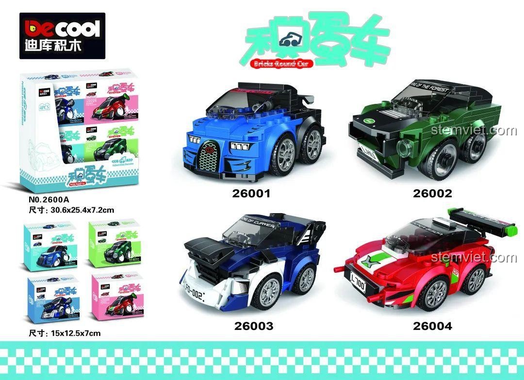Các mẫu xe đua chibi DECOOL 26001, 26002, 26003, 26004, đồ chơi mô hình Bugatti Chiron Chibi, hộp sản phẩm 15x12.5x7cm, phù hợp bé trai 6 tuổi.