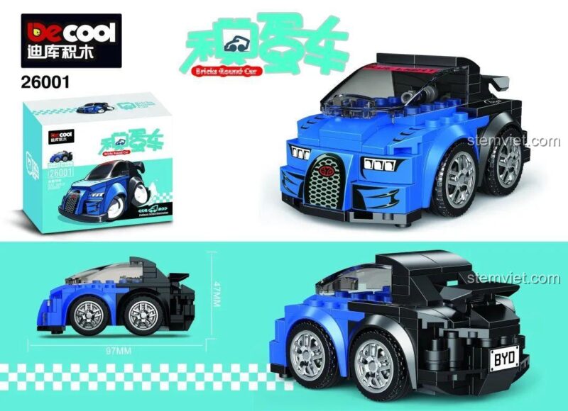 Hộp và mô hình xe đua chibi Bugatti Chiron DECOOL 26001, thể hiện kích thước 9.7cm dài và 4.7cm cao, bộ lắp ghép Xe Đua Bugatti Chiron, đồ chơi lắp ráp giá rẻ cho bé trai.