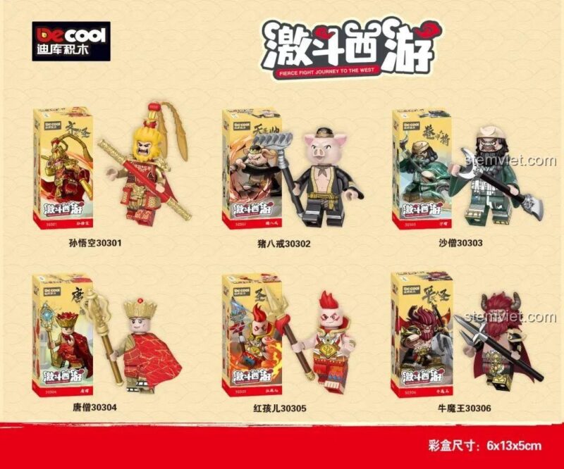 Hộp và sản phẩm minifigure Decool 30301 Tôn Ngộ Không, món quà sinh nhật ý nghĩa cho bé trai 6 tuổi.