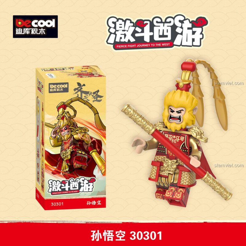 Minifigure Tôn Ngộ Không Decool 30301 với khớp bi cầu linh hoạt, cầm gậy như ý, một món đồ chơi mô hình giá rẻ cho bé trai 6 tuổi.