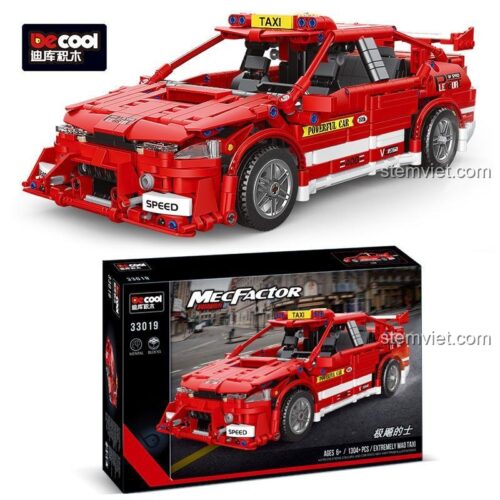 Hộp sản phẩm bộ lắp ghép Decool 33019 Xe Taxi Tốc Độ, hiển thị mô hình và thông tin 1304 chi tiết, phù hợp bé trai 6 tuổi.
