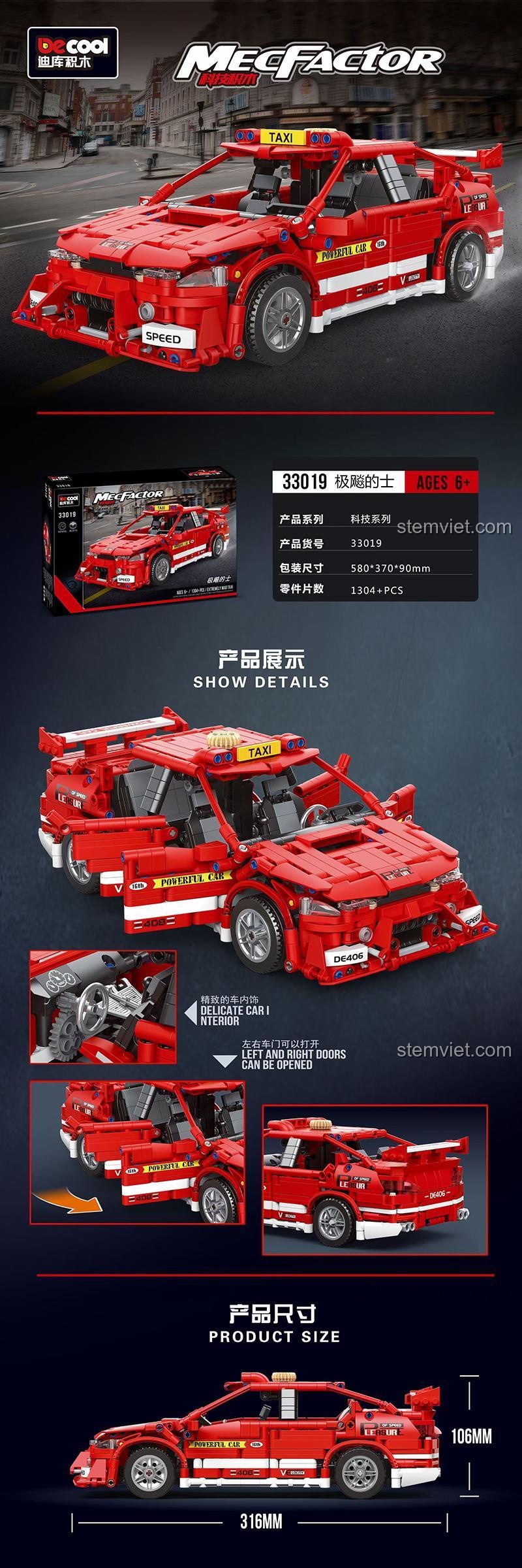 Thông số kích thước chi tiết của Mô Hình Taxi Đua 33019 Decool, dài 31.6cm, cao 10.6cm, giúp bé trai 6 tuổi dễ hình dung.