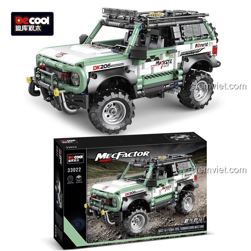 Hộp sản phẩm bộ đồ chơi Xe Jeep Quân Sự Decool 33022 Xe Jeep Địa Hình Mãnh Lực, bộ lắp ráp Decool 33022 cho bé trai 6 tuổi.