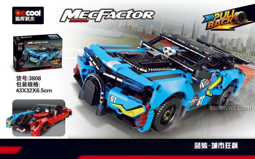 Hộp đồ chơi lắp ráp Decool 3808 MecFactor, mô hình siêu xe đua màu xanh với động cơ kéo lùi.