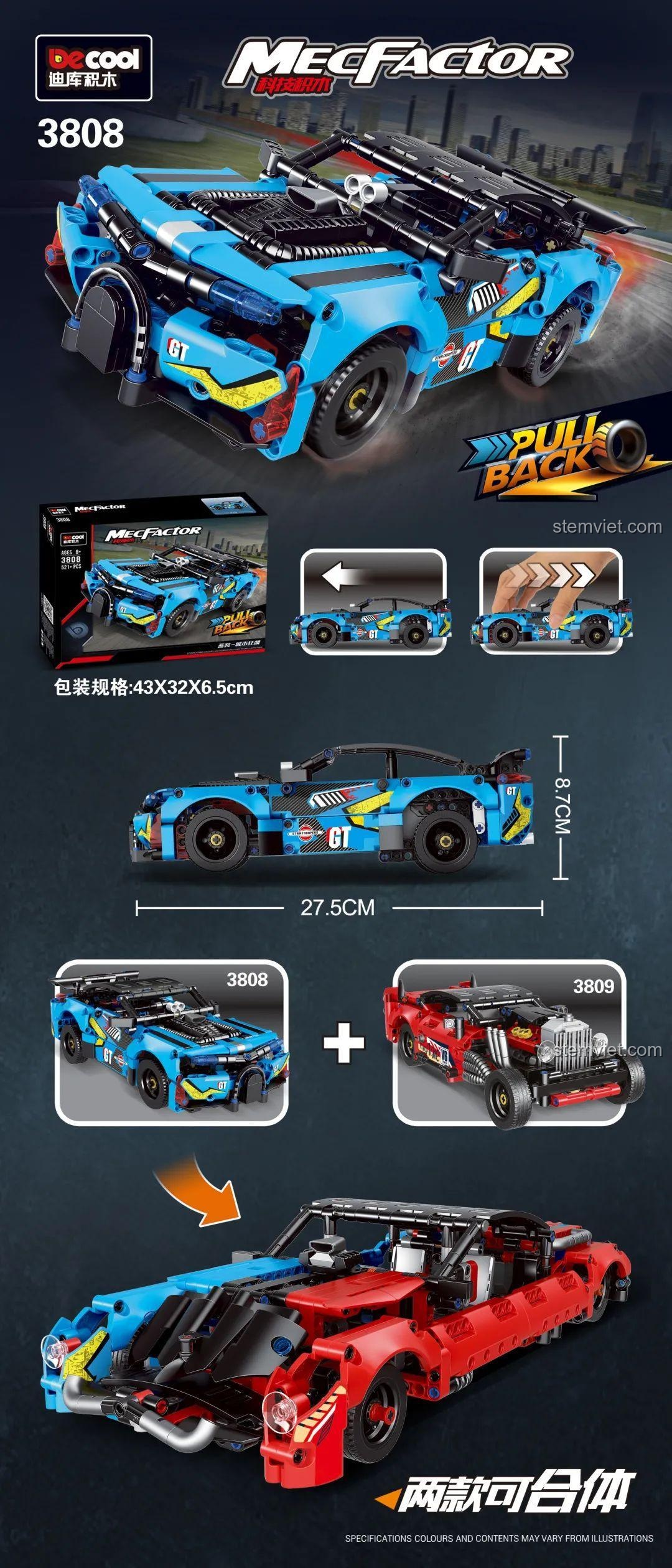 Tính năng của đồ chơi mô hình xe đua Technic 3808: động cơ kéo lùi, kích thước 27.5cm, có thể hợp thể với bộ 3809.