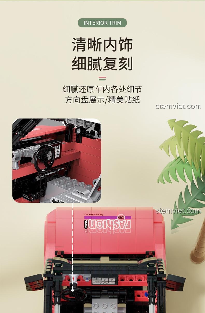 Nội thất chi tiết của đồ chơi lắp ráp Xe Mini Phong Cách Decool 3903A, tái hiện tỉ mỉ các chi tiết bên trong xe, bao gồm vô lăng và sticker trang trí.