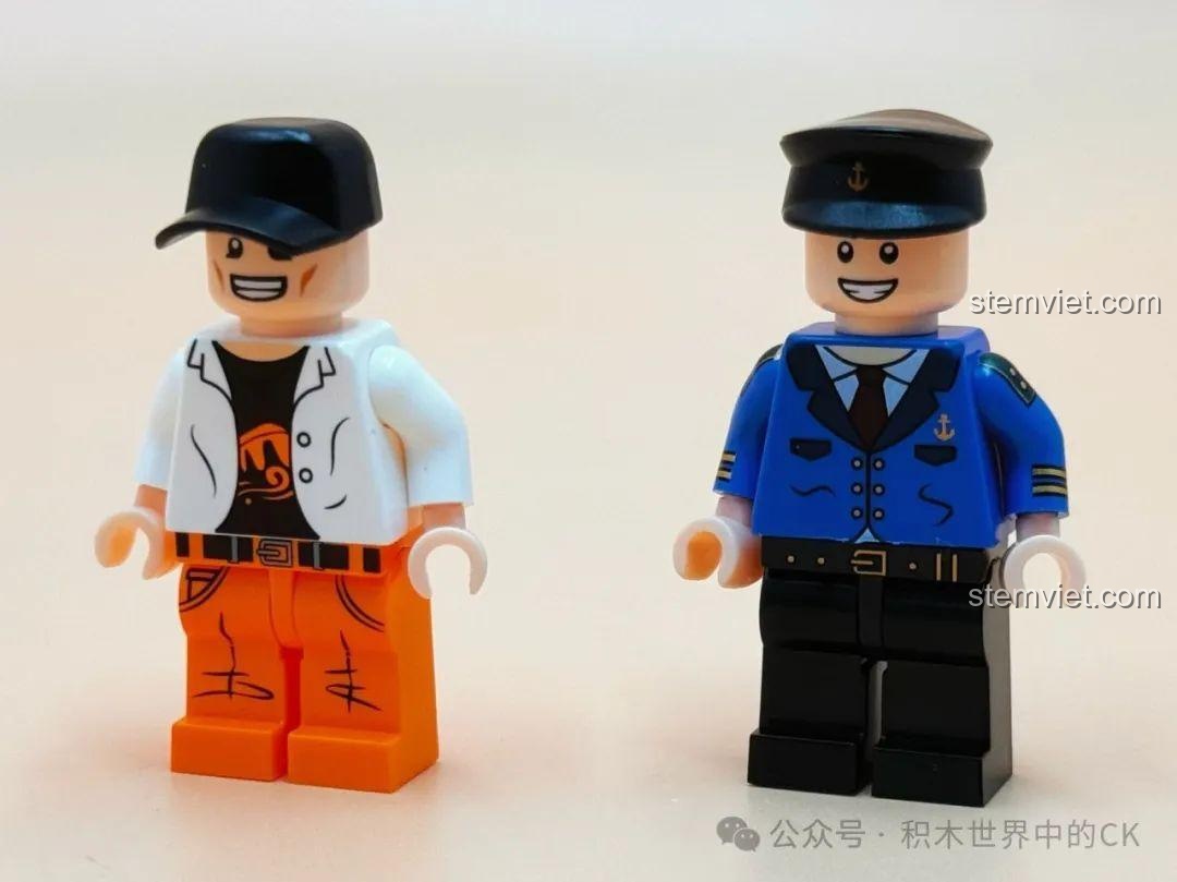 Hai nhân vật minifigure đi kèm bộ lắp ráp Tàu câu cá Decool 3909: thuyền trưởng và người câu cá, với trang phục và biểu cảm chi tiết.