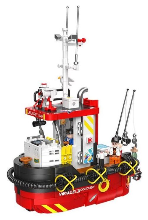 Ảnh chụp chi tiết mô hình đồ chơi lắp ráp Thuyền câu cá RC Decool 3909 với 2 minifigures, phù hợp cho bé trai 8 tuổi.