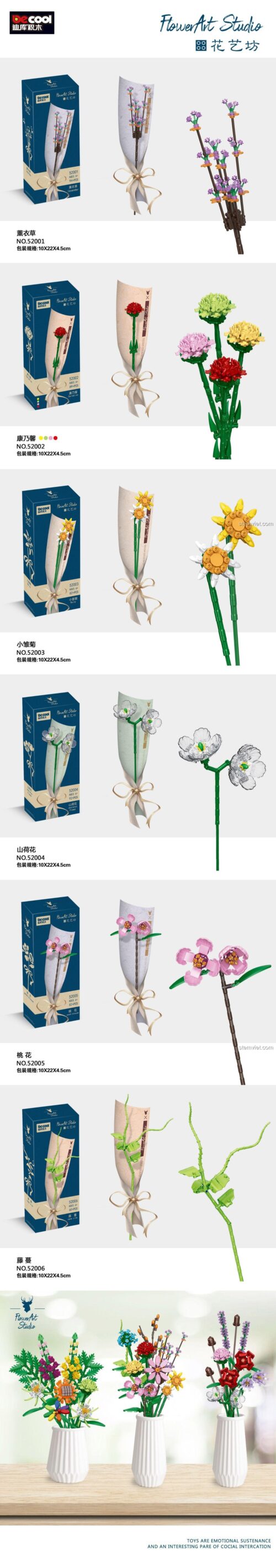 Chi tiết các mẫu hoa lắp ráp từ 52001 đến 52006, nổi bật là mô hình hoa 52006 Bó Hoa Dây Leo màu xanh lá cây tươi mát.