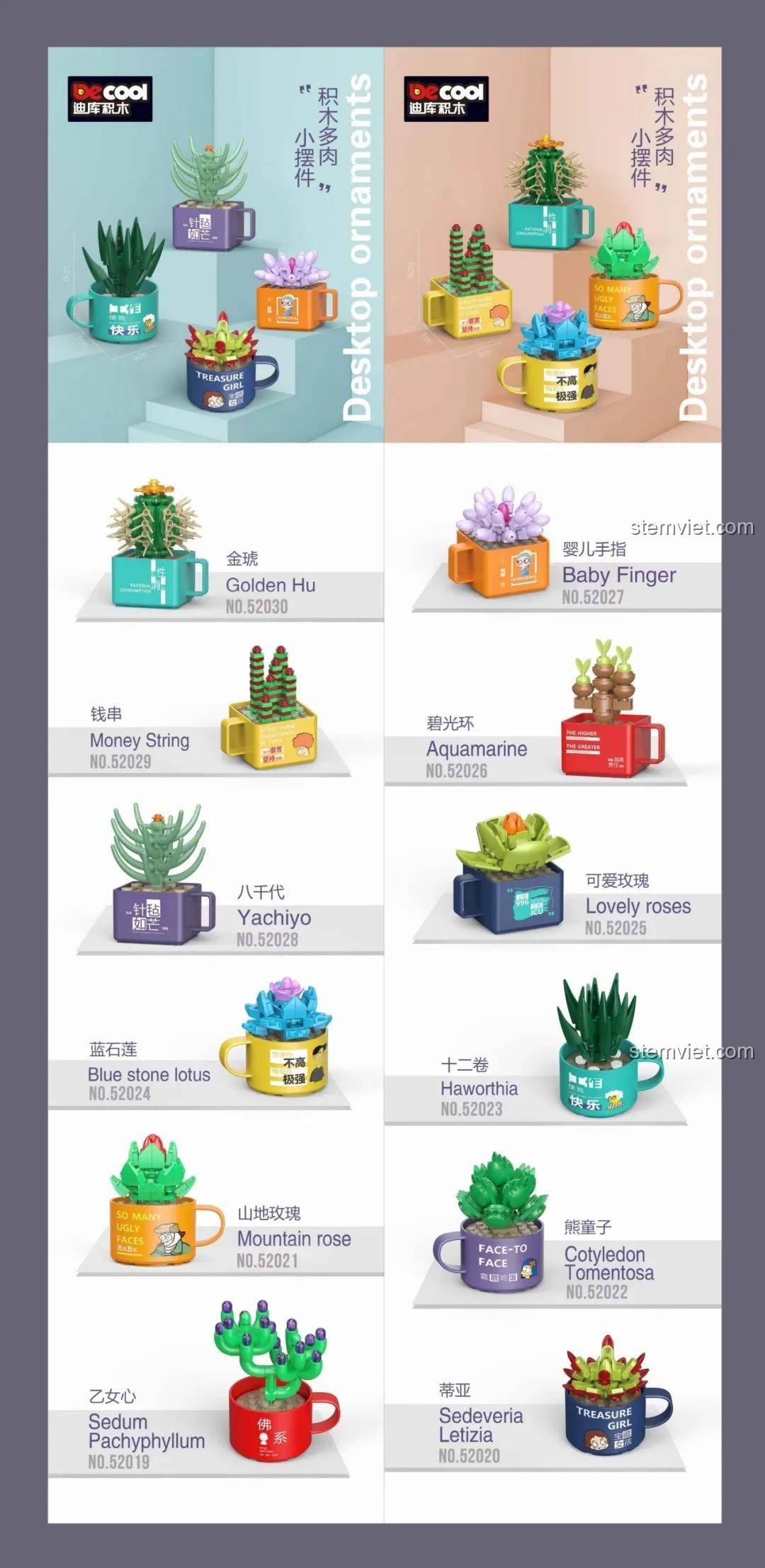Các loại cây mọng nước mini trong bộ lắp ghép Decool 52019, đồ chơi mô hình Cây Cảnh Để Bàn, bộ sưu tập độc đáo cho bé 6 tuổi.