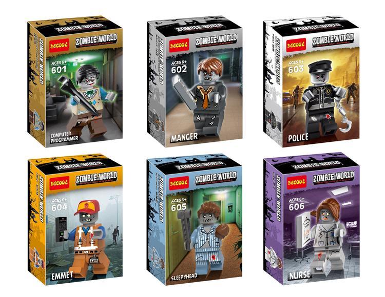 Bộ 6 hộp Minifigure Zombie Decool 601-606, bao gồm Minifigure Zombie Cảnh Sát Decool 603, đồ chơi lắp ghép chất lượng cao cho bé trai 6 tuổi, giá tốt.