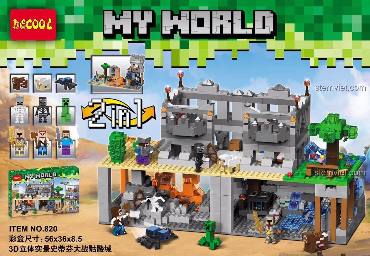 Đồ chơi lắp ghép Decool 820 My World: Steve Đại Chiến Thành Phố Xương 2 Trong 1 (819 mảnh) với nhiều minifigure, chất liệu nhựa ABS an toàn