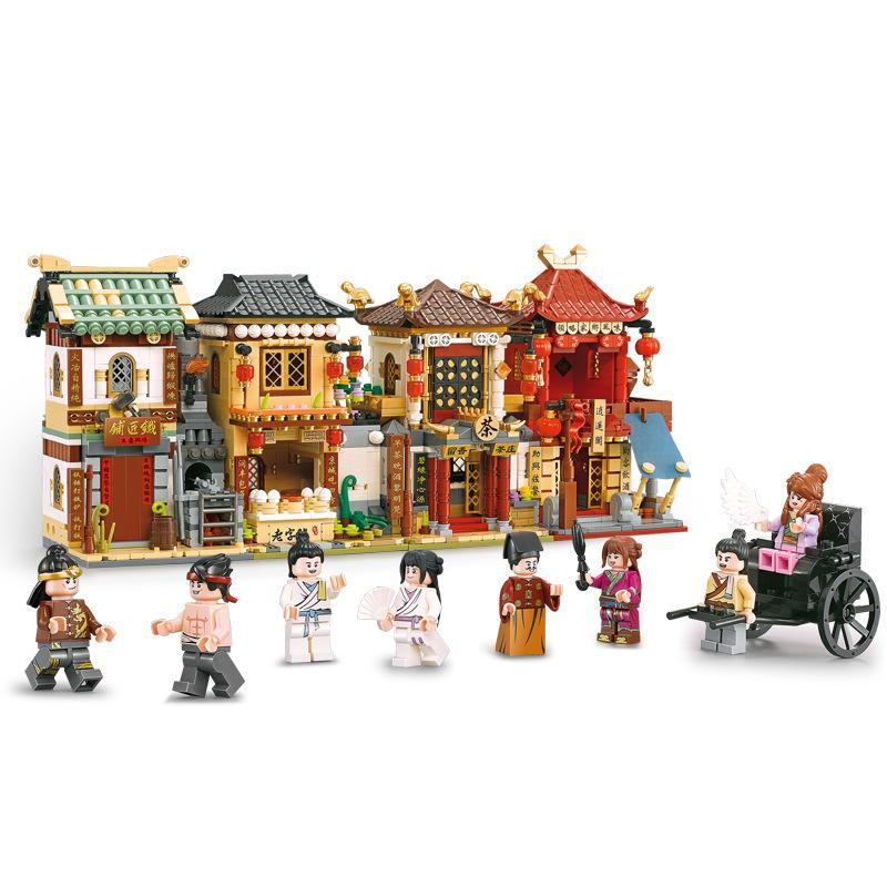 Bộ lắp ghép Phố cổ Trung Hoa Decool 88002 với 4 cửa hàng và 8 minifigures, đồ chơi sáng tạo cho bé trai và bé gái trên 6 tuổi.