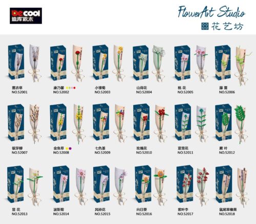 Tổng hợp 18 mẫu trong bộ sưu tập đồ chơi mô hình hoa DECOOL Flower Art Studio, bao gồm mẫu 52007 Hoa Liễu Tơ.