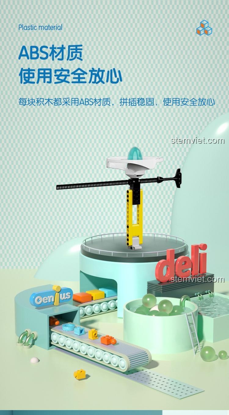 Các chi tiết của bộ đồ chơi Con quay Deli 74382, 28 mảnh ghép giúp tăng cường nhận biết linh kiện và khám phá khả năng thực hành.