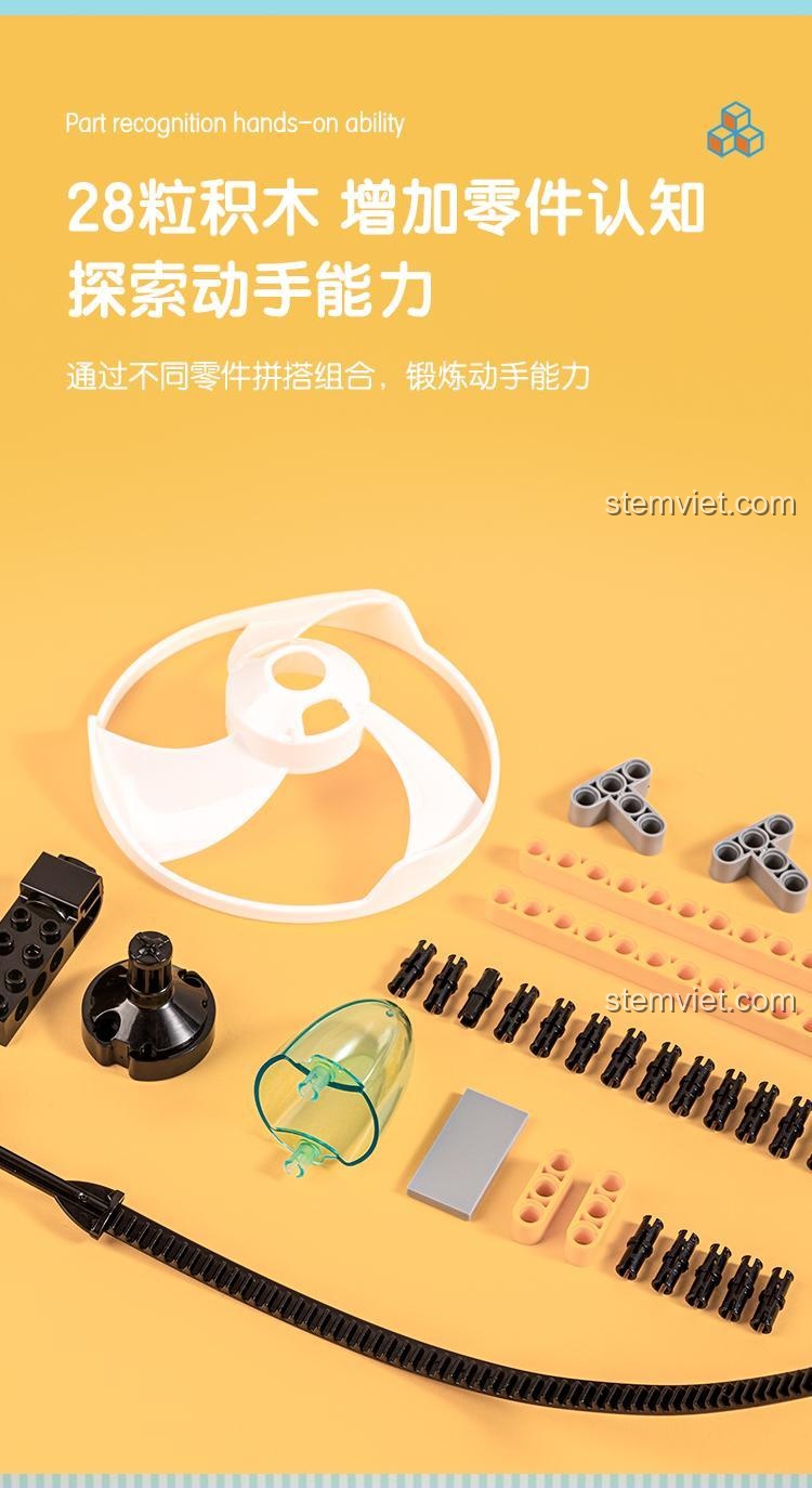 Hướng dẫn cách chơi đồ chơi lắp ghép Con quay Deli 74382, phá vỡ sự "tĩnh" của khối xây dựng thông thường, kéo thanh răng để con quay quay nhanh.