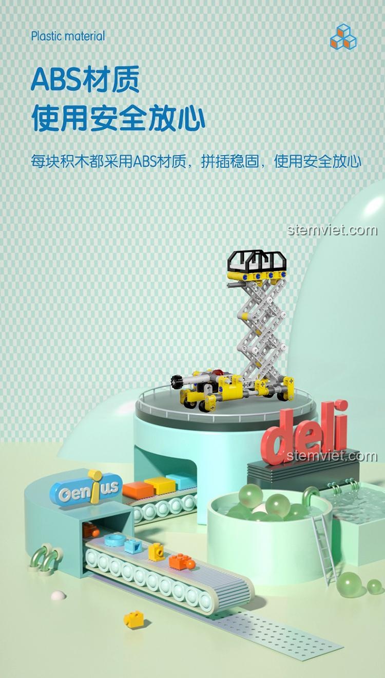 Chất liệu nhựa ABS cao cấp của đồ chơi Deli 74384, đảm bảo an toàn và bền bỉ, bộ lắp ghép khoa học đáng tin cậy