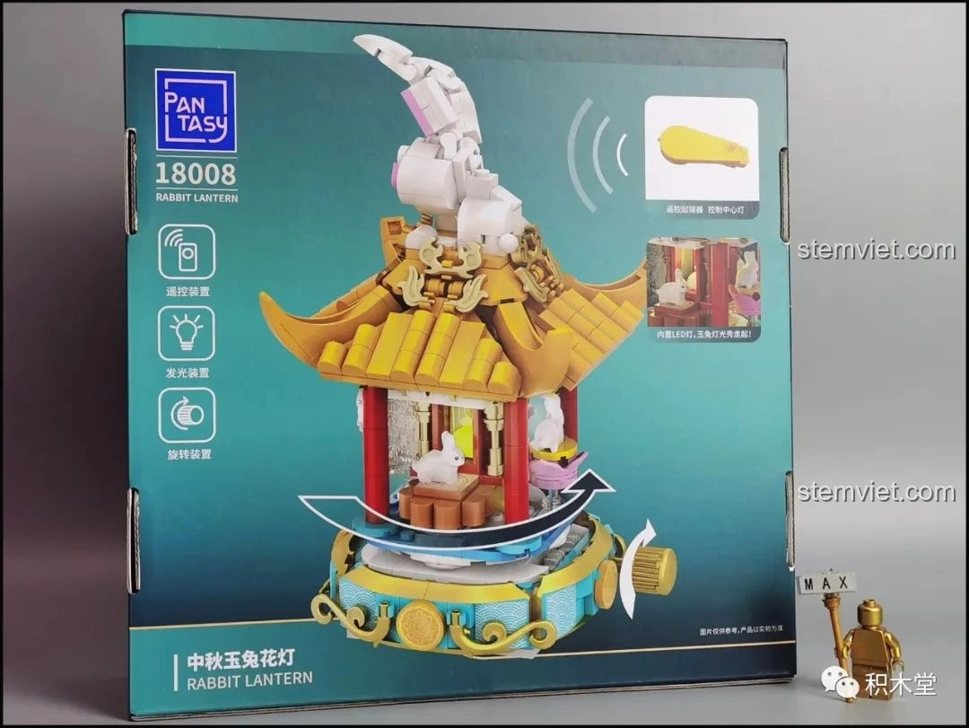 Mặt sau hộp bộ lắp ráp Đèn Lồng Thỏ Ngọc Trung Thu Pantasy 18008 thể hiện các tính năng xoay và đèn LED điều khiển từ xa.