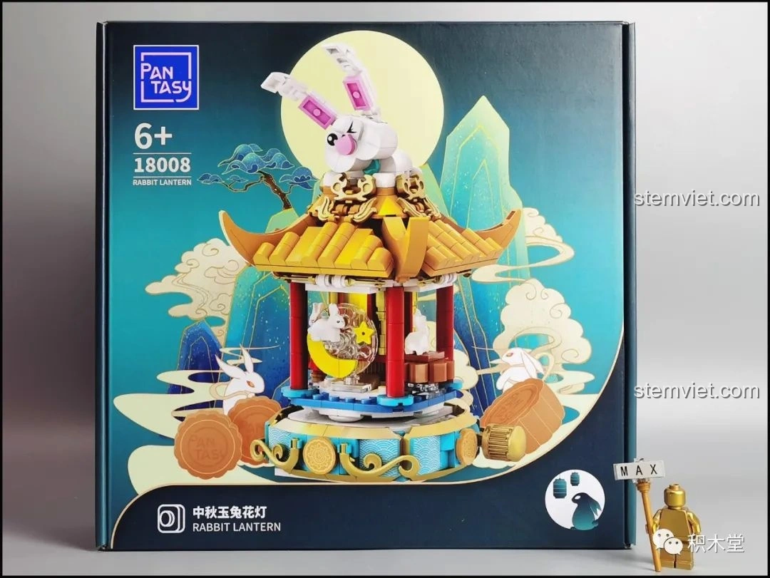Mặt trước hộp bộ lắp ráp Đèn Lồng Thỏ Ngọc Trung Thu Pantasy 18008 với hình ảnh mô hình hoàn chỉnh và các chi tiết nổi bật.