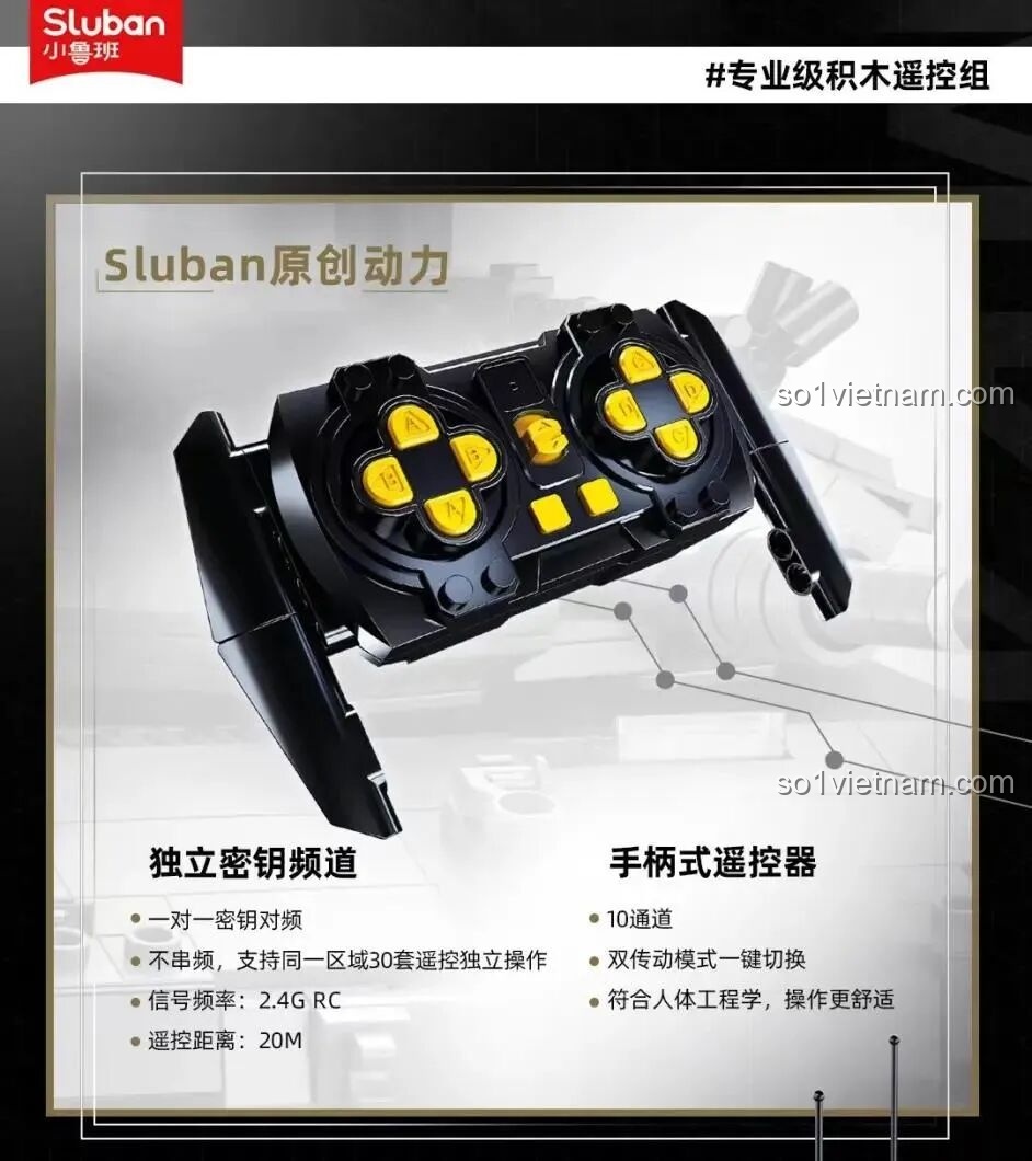 Tay cầm điều khiển từ xa 2.4G của Sluban với thiết kế công thái học, có nhiều nút chức năng.