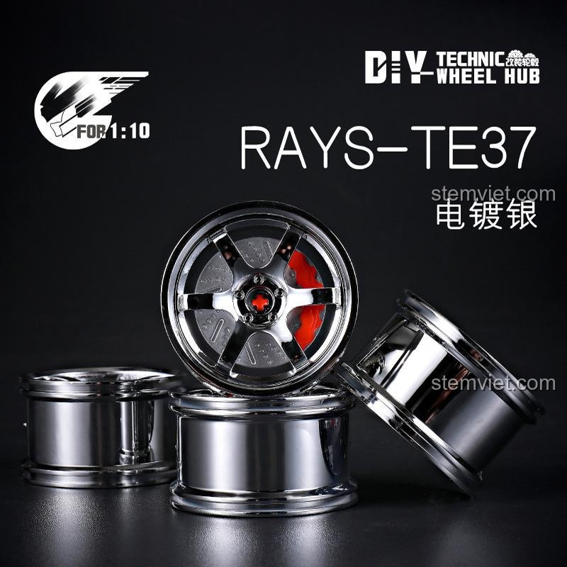 Mẫu mâm xe Rays-TE37 huyền thoại màu bạc. Phụ kiện nâng cấp xe Technic DIY-WH-01, thiết kế 6 chấu kinh điển.