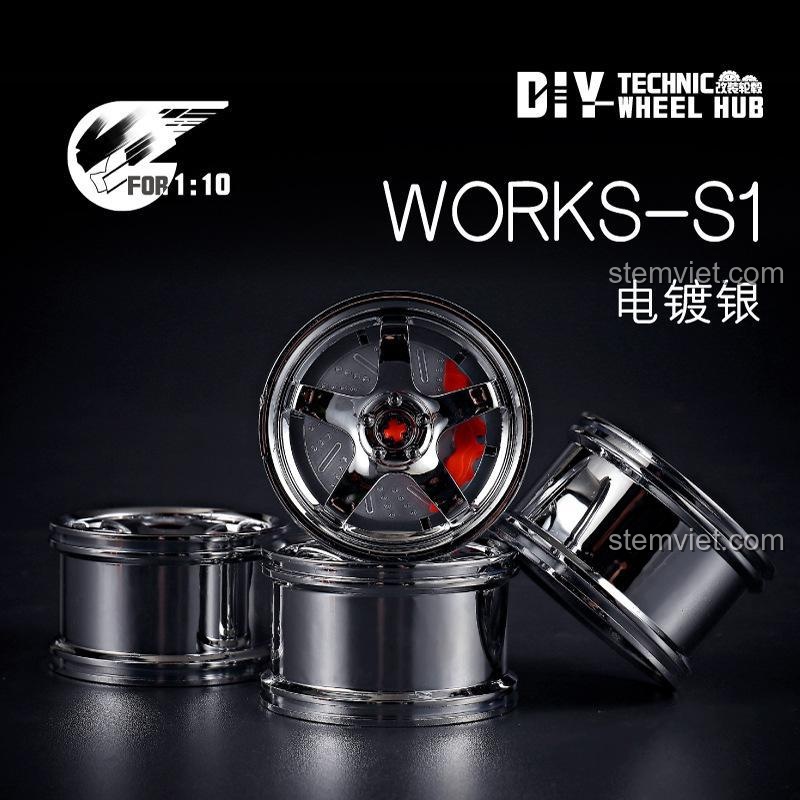Mẫu mâm xe Works-S1 màu bạc. Đồ chơi mô hình DIY Technic DIY-WH-01, thiết kế 5 chấu mạnh mẽ và hiện đại.