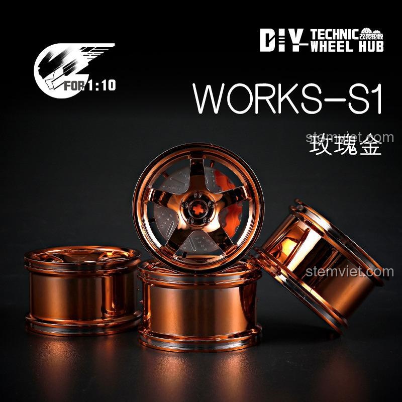 Mẫu mâm xe Works-S1 màu vàng hồng. Bánh xe độ Technic DIY Technic, mang lại vẻ sang trọng và thể thao.