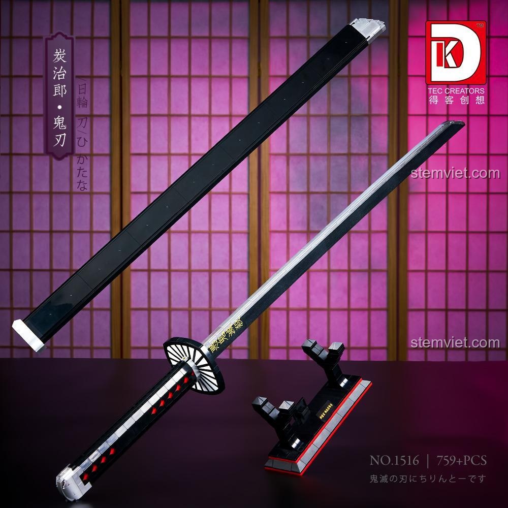 Đồ chơi mô hình Thanh kiếm của Tanjiro Kamado 1516, bao gồm vỏ kiếm và giá đỡ, chất lượng cao.