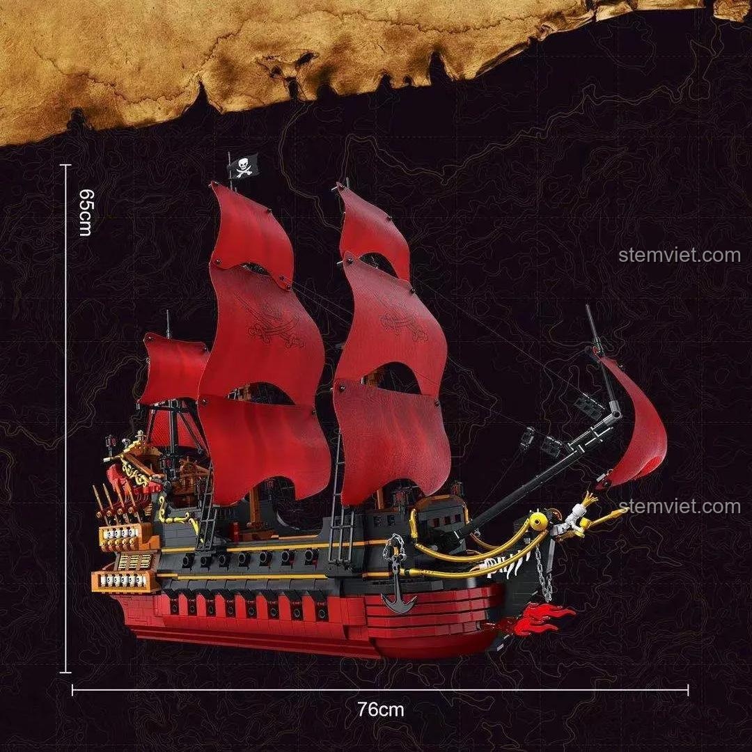 Kích thước bộ lắp ráp Tàu Hải Tặc Nữ Hoàng Anne Báo Thù dài 76cm, cao 65cm, phù hợp cho bé trai 6 tuổi.