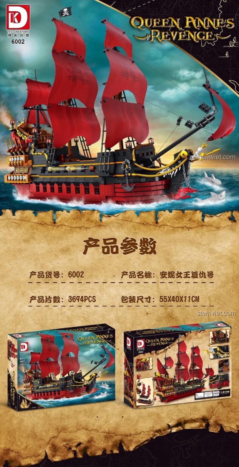 Hộp bộ xếp hình Queen Anne's Revenge được mở ra, cho thấy các túi phân loại chi tiết.