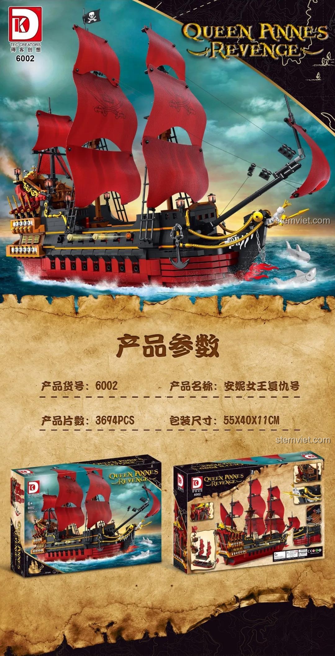 Hộp bộ xếp hình Queen Anne's Revenge được mở ra, cho thấy các túi phân loại chi tiết.