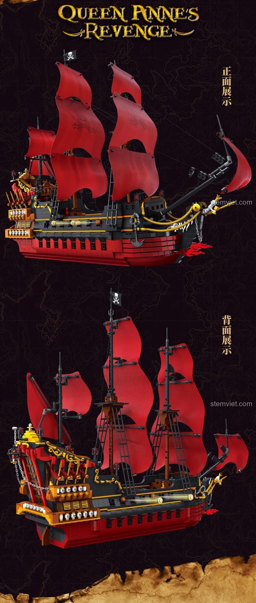 Bộ xếp hình Queen Anne's Revenge nhìn từ phía trước và phía sau, chi tiết tinh xảo, buồm đỏ nổi bật.