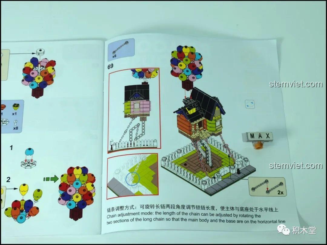 Hướng dẫn điều chỉnh độ dài chuỗi xích để cân bằng ngôi nhà lơ lửng trong bộ DK 7025.