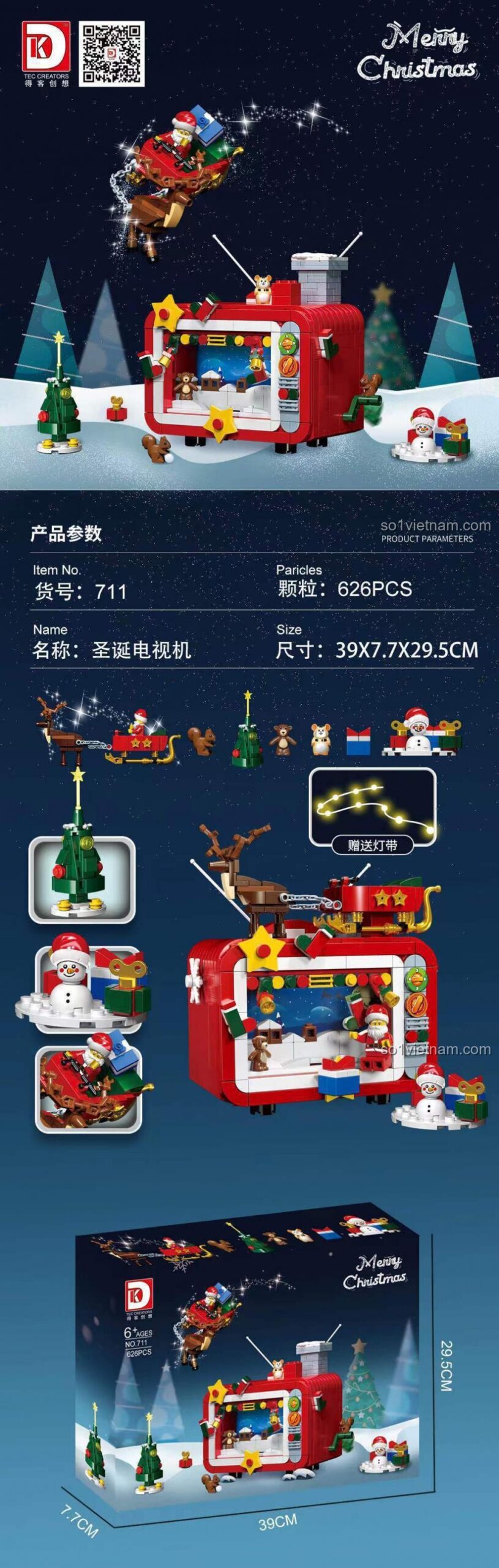 DK 711 Tivi Giáng Sinh, thông số kỹ thuật, kích thước hộp, đồ chơi mô hình cho bé 6 tuổi, giá trị cao