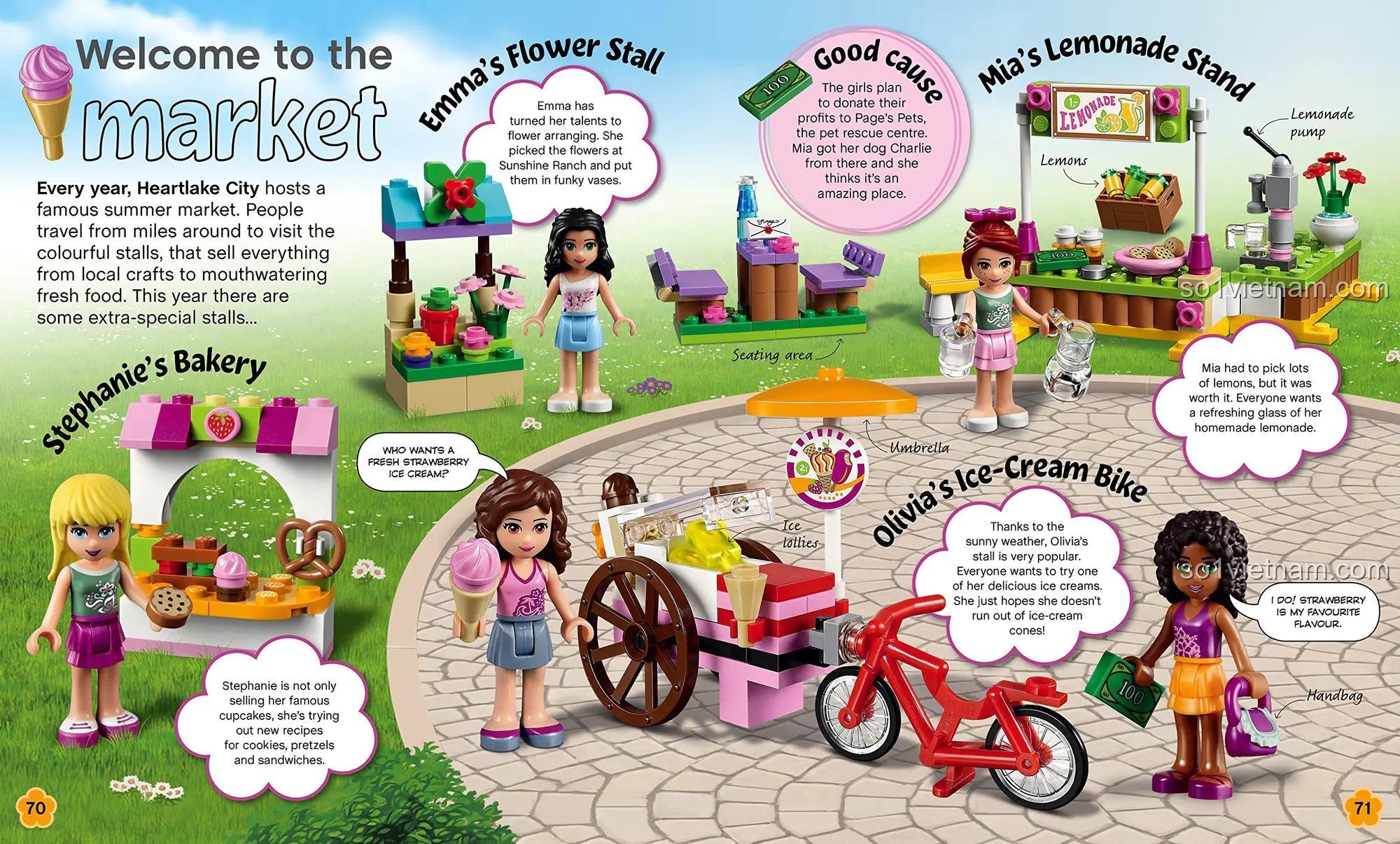 Sách LEGO Friends DK ISBN9780241196571, trang giới thiệu chợ Heartlake, sách đồ chơi cho bé gái 6 tuổi