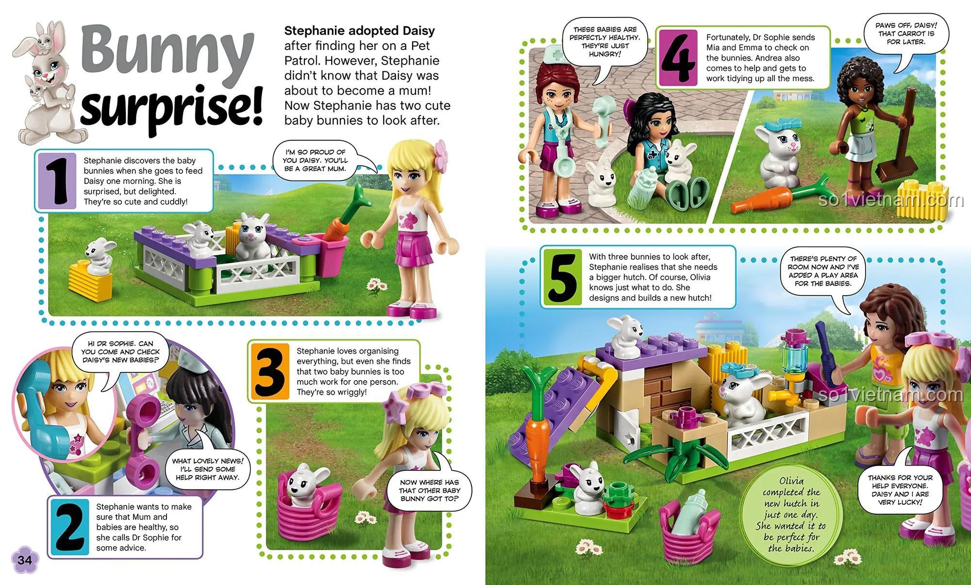 Sách về các cô gái LEGO Friends ISBN9780241196571, trang về Stephanie và những chú thỏ, sách hướng dẫn cho bé gái 6 tuổi