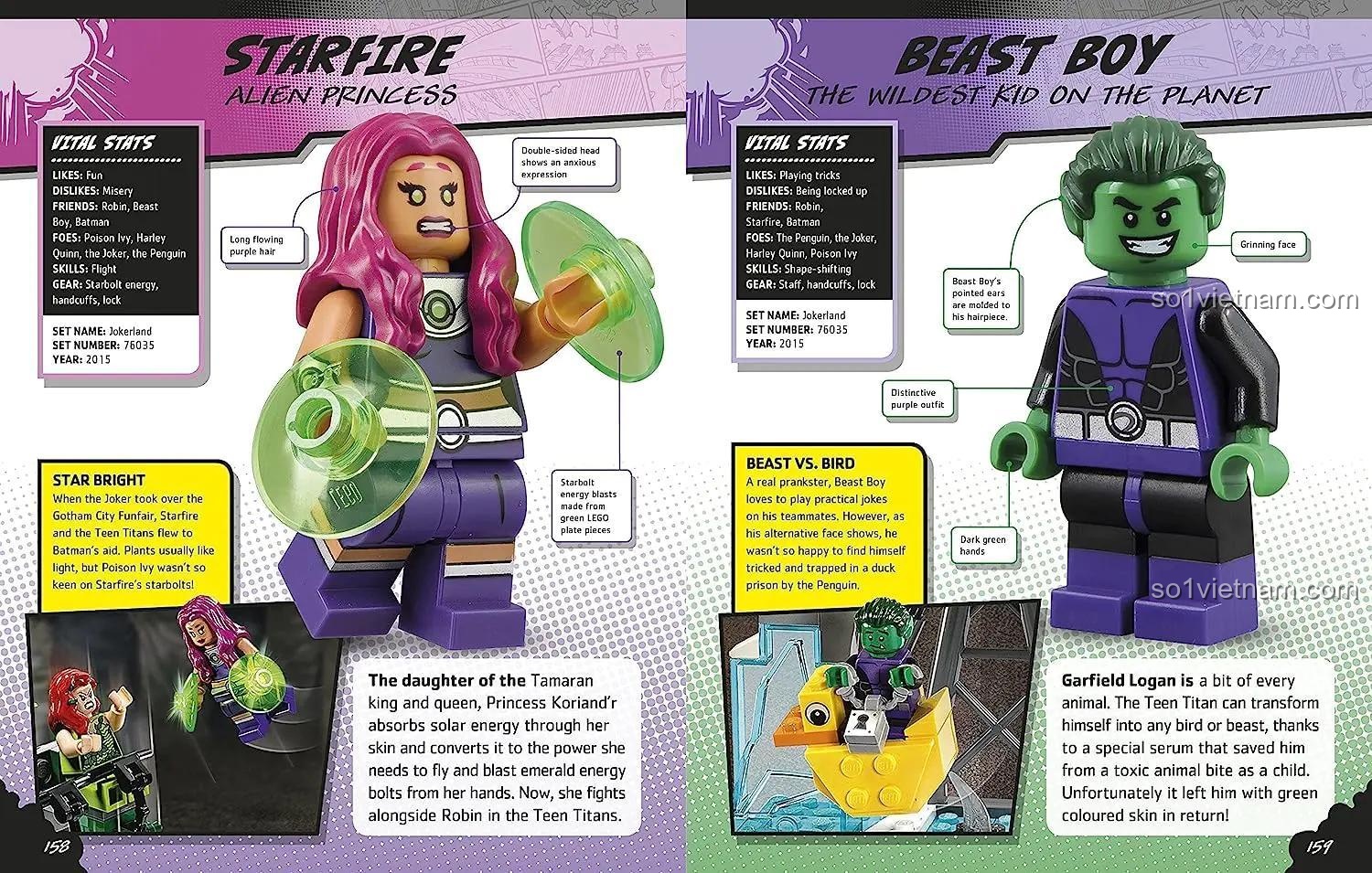 Sách giới thiệu nhân vật LEGO DC 9780241199312 về Starfire và Beast Boy, giúp bé phân loại và tìm kiếm thông tin hiệu quả.