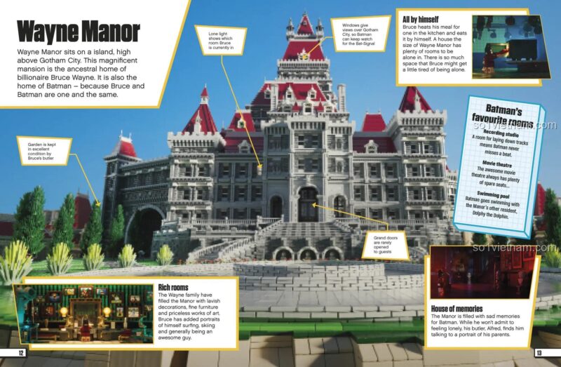 Tài liệu The LEGO® Batman Movie ISBN9780241279496, khám phá dinh thự Wayne Manor, thế giới Batman chi tiết.