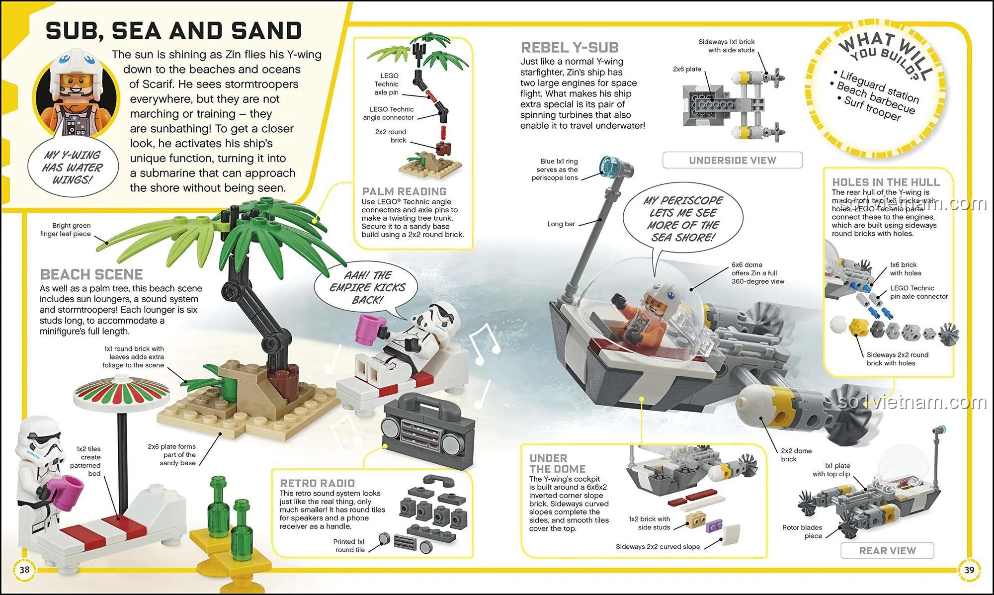Sách Xây Dựng Mô Hình Star Wars 9780241357590, ý tưởng lắp ráp cảnh bãi biển và Rebel Y-Sub, tăng cường trí tưởng tượng cho bé trai 6 tuổi