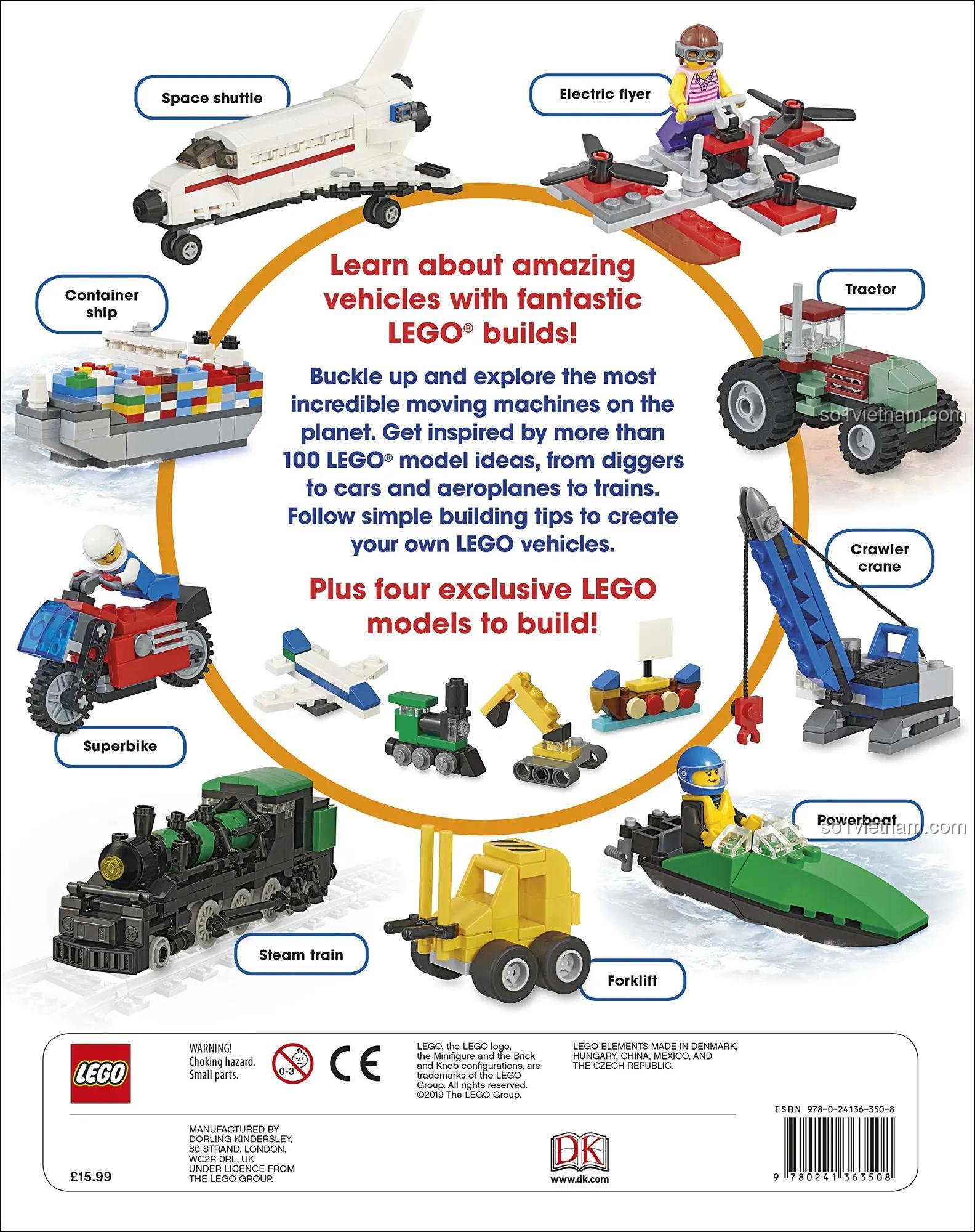 Mặt sau Sách LEGO® Phương Tiện Tuyệt Vời DK ISBN9780241363508, giới thiệu hơn 100 ý tưởng lắp ráp mô hình LEGO® xe cộ, kèm 4 mô hình độc quyền. Đồ chơi lắp ghép giáo dục cho bé trai, bé gái 6+.
