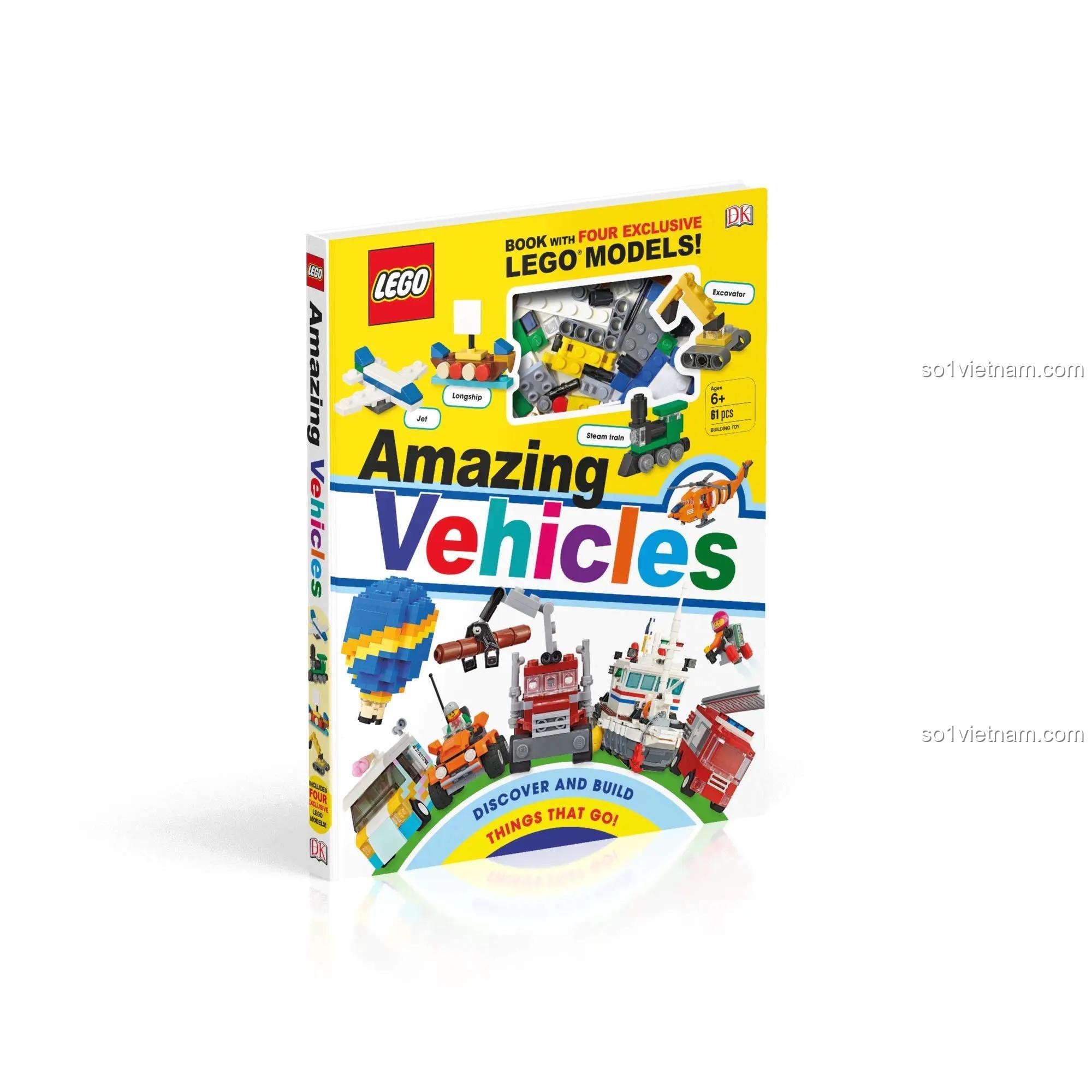 Góc nghiêng Sách LEGO® Phương Tiện Tuyệt Vời DK ISBN9780241363508, bộ lắp ghép giáo dục kèm 4 mô hình LEGO® mini độc quyền, giá tốt cho trẻ em 6 tuổi.