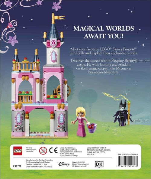 Mặt sau sách truyện LEGO® Công chúa Disney, đồ chơi mô hình Công chúa Disney với lâu đài và Maleficent, phù hợp bé gái 6 tuổi.