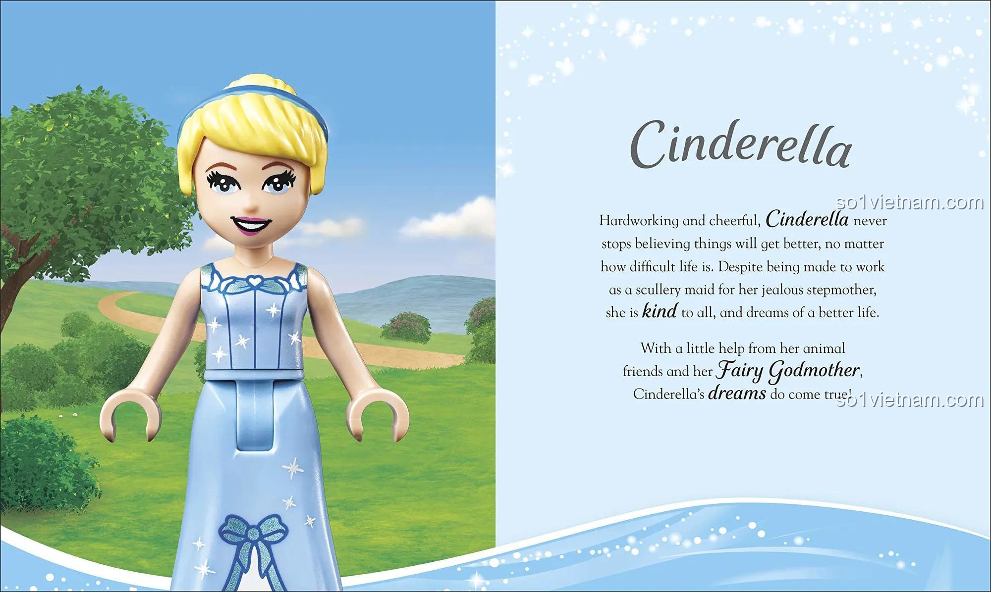 Trang sách bộ lắp ghép Công chúa Disney, Sách LEGO® Công chúa Disney 9780241409640 với hình ảnh Cinderella, phát triển trí tưởng tượng cho bé gái.