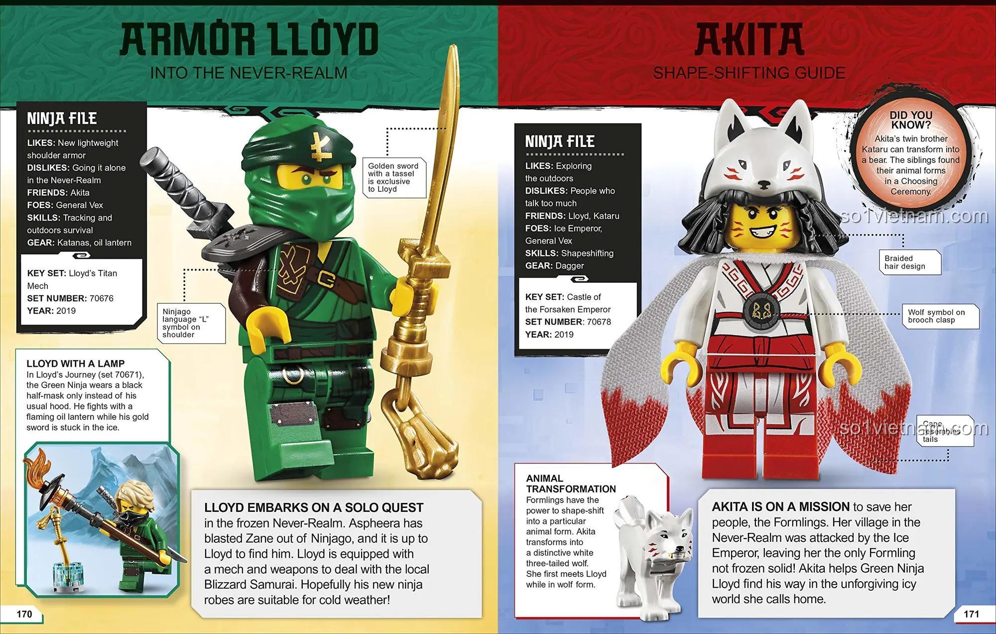 Bộ đồ chơi DK ISBN9780744027266 với Armor Lloyd và Akita, sách Bách Khoa Toàn Thư Nhân Vật LEGO NINJAGO, chất lượng cao, giá tốt.