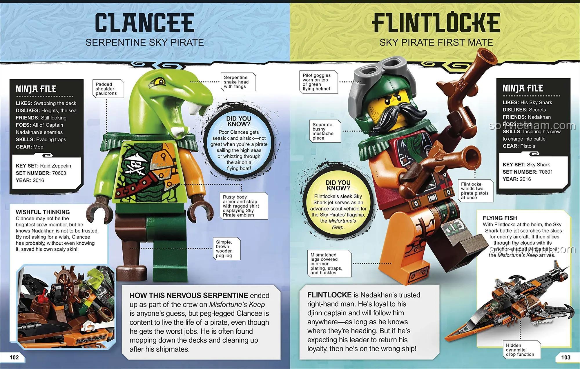 Sách 0744027266 giới thiệu Clancee và Flintlocke, bách khoa toàn thư nhân vật NINJAGO, món quà giáo dục cho bé trai 6 tuổi.